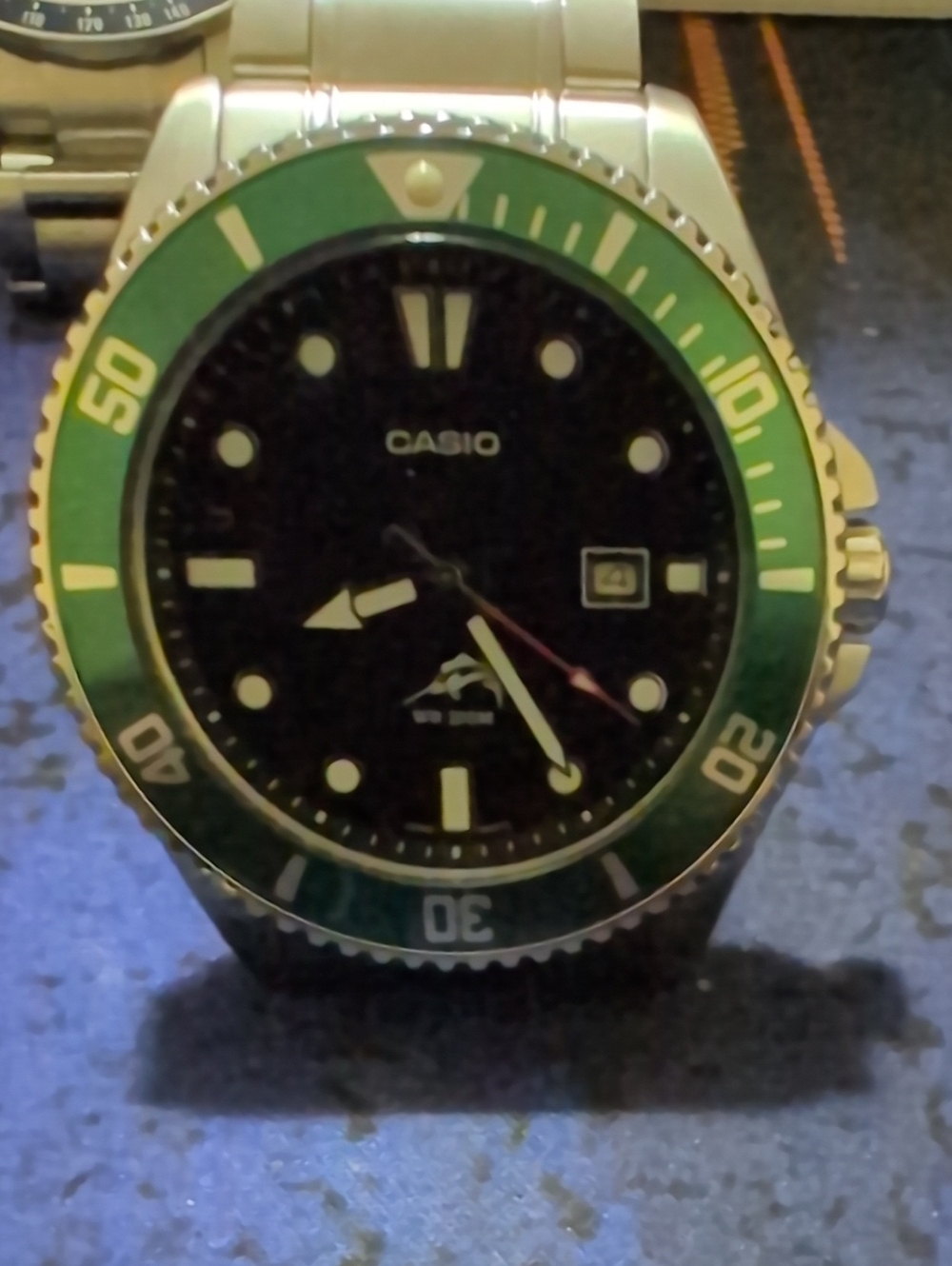 Casio Silver Stainless Steel Watch with Green Bezel and Black Dial - Duro Diver
